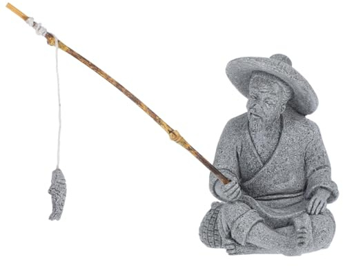 Milisten Fisherman Figurine Fisherman Statue Asian Zen Aquarium Ornaments Figure Bonsai Decorations Mini Grey Sandstone for Aquarium Fish Tank Pot Garden Home Decor