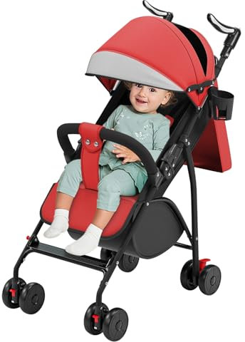 Willonin Kinderwagen, Buggy Gehstock, Kompakt, Von Geburt bis 4 Jahre (bis zu 25 kg), Verstellbarer Griff, 4 Räder mit Baumwollmatte + Moskitonetz (rot)