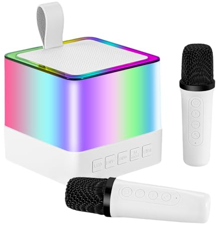 Mini máquina de karaoke para niños, altavoces Bluetooth portátiles con 2 micrófonos de karaoke, regalos de cumpleaños para niñas de 4 a 11 años, juguetes de karaoke con sonido (blanco)