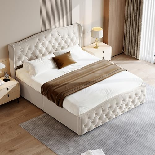 MCDSAJ Struttura Imbottita in Velluto con Piattaforma, Letto Matrimoniale con Rivetti Trapuntati a Bottoni, Testiera con Contenitore Sollevabile (160 x 200 cm)