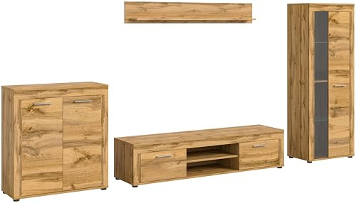 xonox.home - Wohnkombination Jam 4-tlg. Set 330x159x40 cm in Wotan Eiche - Wohnkombination Wohnwand Wohnzimmermöbel Wohnzimmerschrank - stabile Konstruktion funktional erstklassige Qualität