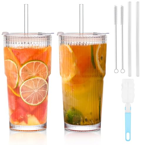 2 Stück 600ml Gerippte Glasbecher mit Deckel und Strohhalm, Eiskaffee Gläser, Smoothie Becher aus Hochwertigem Glas, Luftdichtes und Wasserdichtes Design, Ideal als Kaffee, Saft, Cocktails