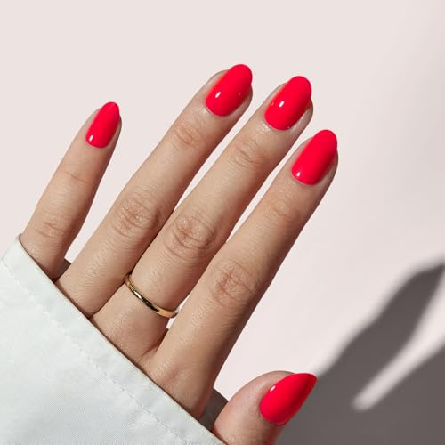 BTArtbox Press On Nails Kurz - Salmon Pink Nägel Zum Aufkleben, Oval Fake Nails with Nail Glue, Reusable Nagel Tips in 16 Größen Nail Kit, Tomato Tango
