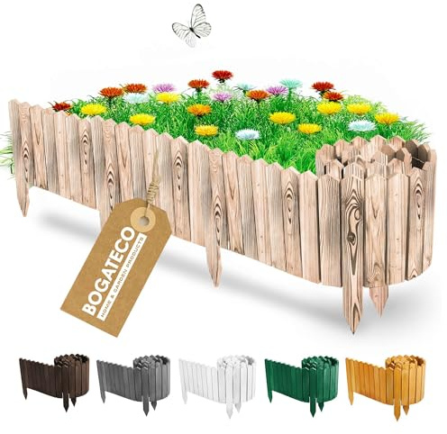 BOGATECO Beeteinfassung Holz Rollborder Holzlatten | Rollzaun 30cm Hoch & 200cm lang | Holz-Zaun | Staketenzaun Perfekt als Beet-Umrandung oder Weg-Abgrenzung | Geflammte