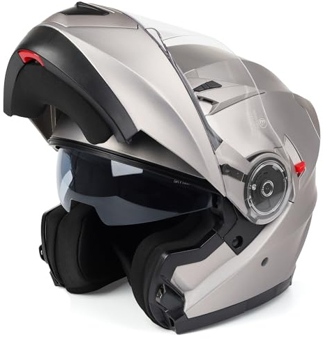 Klapphelm mit Doppelvisier, Motorradhelm Klappbar, Mopedhelm ECE 22.06 Zertifiziert für Herren und Damen, Grau in Gr. XS-XL (XL)