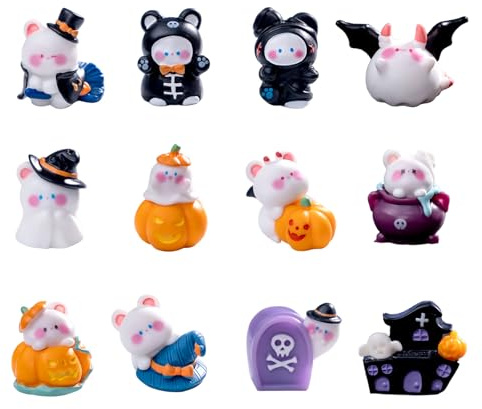 12 Stück Mini Halloween Deko Harz Halloween Figuren Klein Geist Kürbis Bär Mumie Fledermäuse Miniatur Zubehör für Garten Moos Puppenhaus Schneekugel Kuchen Landschaft Tisch Heimdeko Horror Party