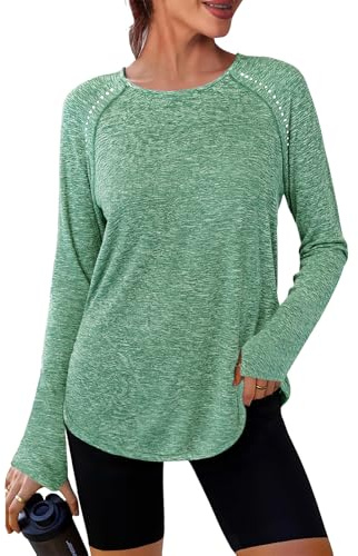 Crewhpo Womens Gym Tops Long Sleeve Running T-Shirt Fitness Yoga Top UPF 50+ Sports Tee Shirts with Thumb Hole Lightweight Breathable Activewear Green