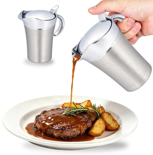 Gravy Boat with Lid, Double Wall 304 Stainless Steel Thermal Gravy Pot Serving Jug (750ml)
