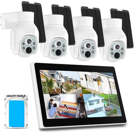 VEKELETE Système de caméra de sécurité dôme Solaire PTZ avec écran LCD 10 Pouces 4K NVR 4MP et Wi-FI for l'extérieur