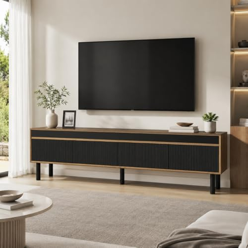 OLIVIBED Mueble bajo para TV de 170 cm, con 4 puertas, armario para TV de 65 pulgadas, con diseño de rayas, mueble para TV para salón y dormitorio, negro y natural, 170 x 38 x 47,7 cm