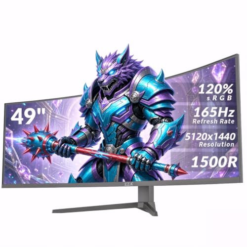 ZZA 49-Inch Ultra-Wide DQHD Curved Gaming Monitor | 5120x1440, 1500R, 165Hz, AMD FreeSync, 120% sRGB, Height Adjustable, HDMI 2.1/DP 1.4 Wall Mountable- Black