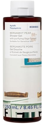 KORRES BERGAMOT PEAR Gel de ducha con extracto purificante de salvia, con aroma dulce a pera, el baño y el afeitado, testado dermatológicamente, vegano, sin siliconas ni parabenos, 250 ml