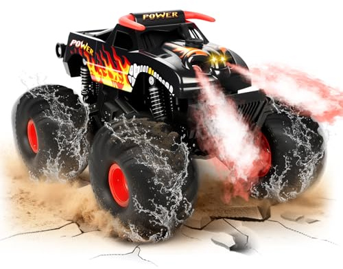 Charmofun Monster Truck Teledirigido, Anfibio Coche Teledirigido con Luces Led e 2 Baterías, 2.4GHz 360° Rotación Impermeable RC Monster Truck, Coche RC 1:16 para Niños (Negro)