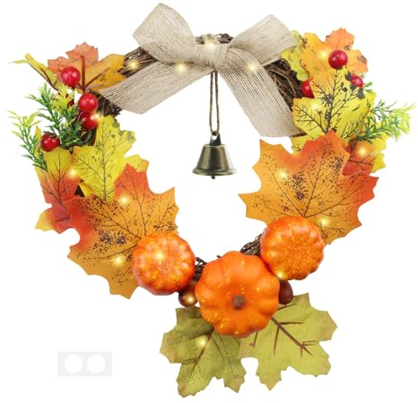 CYIOU 30 cm Kürbis Deko Künstliche Kürbisse Kranz Künstlicher Herbst Deko | Ahornblatt Kranz mit Glocke Haustür Ahornblätter für Herbstdeko Erntedankfest Hochzeit Thanksgiving Halloween