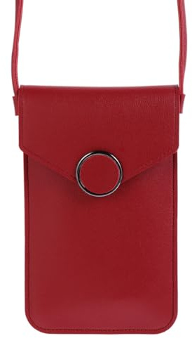 LOEFLIFA Touchscreen Cell Phone Bag with Shoulder Strap Artificial Crossbody Purse for Women Transparent Window Pouch Fashion Buckle Multi-use Handbag for Mobile Phones and Wallets Wine Red