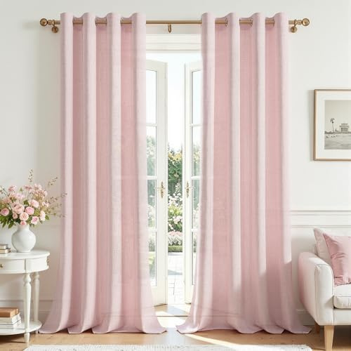 MRTREES Gardinen Leinen mit Ösen Halbtransparent für Fenster Wohnzimmer Modern Schlafzimmer, Vorhang Leinenoptik Landhausstil Lichtdurchlaessig Ösenschal 2er Set H 245 x B 140 cm Rosa
