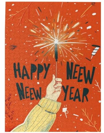 Happy New Year Hand Holding Sparkler Orange Background Jigsaw Puzzles 500 Pieces 20.4X15 in Challenging Fun Puzzles for Adults with Vibrant Colors Poster Included