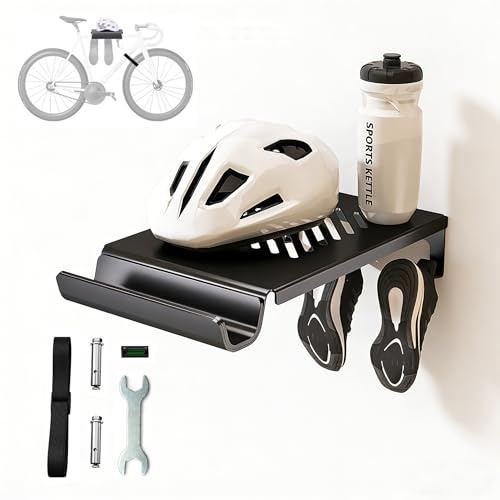 Wall-Mounted Bike Storage Rack for Indoor & Garage – Space-Saving Bicycle Holder with Shelf and Hook for Helmet, Shoes & Accessories – Fits Road, MTB & Hybrid Bikes (Max 50 kg)