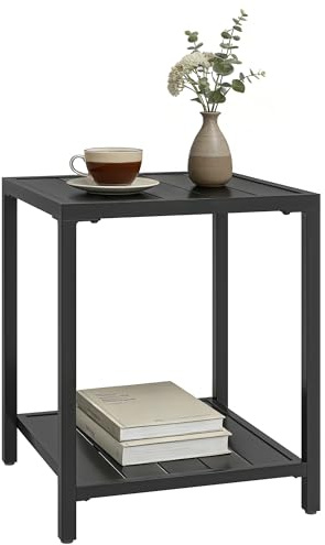 Outsunny - Mesa de centro exterior de 2 niveles de metal, mesa de jardín cuadrada con estante de almacenamiento, resistente a las inclemencias del tiempo, para jardín, balcón, borde de piscina, color