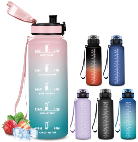 Mujigaga Botella Agua Gimnasio, Botella 1 5 litros con Filtros, A Prueba de Fugas, Cantimplora con Marcador de Tiempo, Diseño de Cerradura, Cantimplora Portátil para Gym, Deportes, Viaje