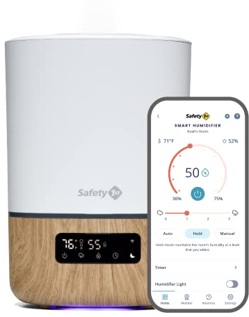 Safety 1st Connected Smart Humidifier — 1 Gallon (3.8L) Tank Size, Cool Mist Humidifier with Hygrometer and Nightlight, and Whisper Quiet for Baby Bedroom, Nursery, iOS and Android Compatible
