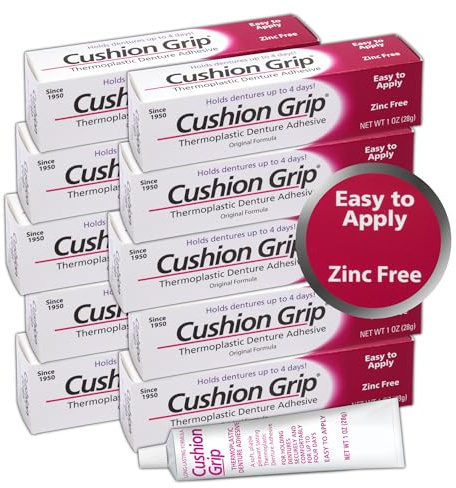 Cushion Grip Thermoplastic Denture Adhesive – Refits & Tightens Loose Dentures, Works Like a Denture Reliner for a Long-Lasting, Secure Fit, Cushions Gums, Waterproof & Zinc-Free - 1 oz (Pack of 10)