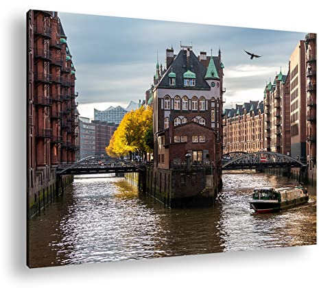 Leinwandbild Hamburg Speicherstadt Kanal bei Nacht Format: 90x60 cm XXL Kunstdruck Bild auf Keilrahmen/Wandbild/Wohnzimmer Deko