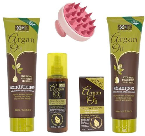 Argan Oil Shampoo And Conditioner (300ml) with Argan Oil Heat Protection (150ml) and Hair Treatment (50ml) Bundled with Glameno Scalp Massager