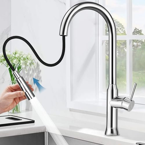 LUROON Kitchen Sink Taps Mixer with Pull Out Spray, 2 Spray Modes Stainless Steel Kitchen Faucet High Arc Pull Down Kitchen Sink Mixer Tap 360° Swivel Kitchen Mixer Tap Durable Kitchen Sink Faucets