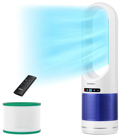 Senmeo 32 Bladeless Tower Fan with Air Purifier, Bladeless Fan with Remote, HEPA Filter for 99.7% Smoke Dust Dander, 8 Speeds, 90° Oscillation, 8 H Timer, LED Display, Air Purifier Fan for Home