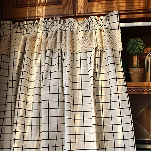 A.Monamour Gardine Scheibengardinen Kurzstores Landhausstil Baumwolle Leinen Spitze Schwarz Weiß Kariert Blickdicht Kurzvorhang Kurzgardinen Küche Vorhang Fenster Kurz Stores Bistrogardine