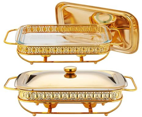 Chafing Disk Bufféset Rostfritt stål Oval Guld Chafing Disk Bufféset 1,5 L x 2Pack Warmer Server med bränslehållare Rektanglar Matvärmningsbricka, för fester Bröllop Utomhusbankett, Guld,
