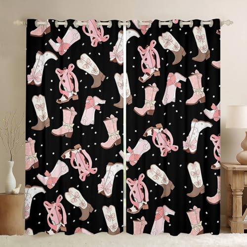 Cortinas opacas occidentales con lazo rosa para decoración de habitación de vaqueras, 2 paneles, 46 x 72 pulgadas, botas con lazo occidental, cortinas de ensueño para niños, niñas y mujeres