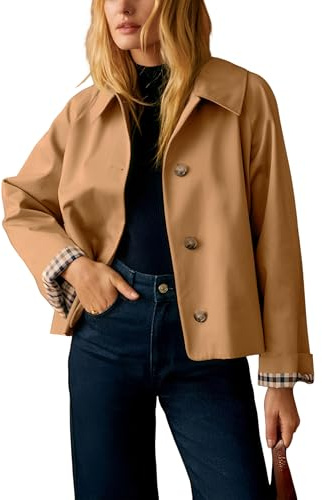 Dqbeng Womens Short Trench Jacket Plaid Lining Button Front Lightweight Classic Casual Outerwear with Pockets, Camel, S