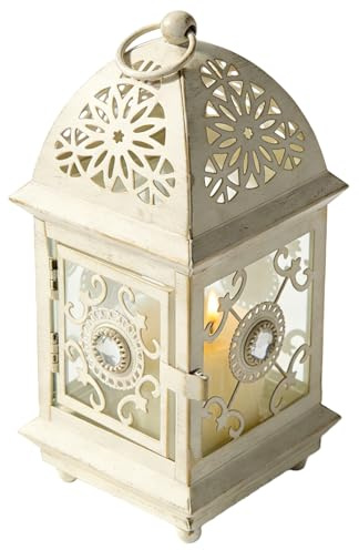 Lanterna decorativa per candele, stile vintage, altezza 21 cm, per candele a LED, lanterne in metallo per candele, feste, matrimoni (bianco con spazzola dorata)