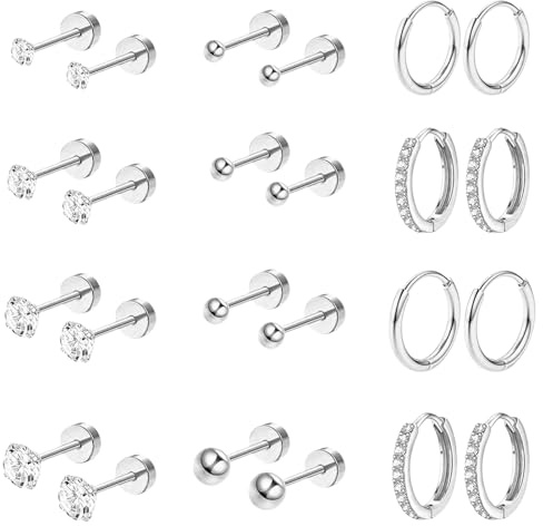 12Pairs Stud Earrings for Women Surgical Sterling Silver Earrings Ear Rings