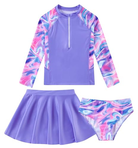 ALISISTER Girls Long Sleeve Swimming Costume Zipper UPF 50+ Swimswear 3 Piece Swimming Sets with Skirt for 6-12 Years