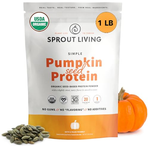 Sprout Living Organic Pumpkin Seed Protein Powder, Unflavored, 20 Grams of Plant Based Protein Powder Without Artificial Sweeteners, Non Dairy, Non-GMO, Vegan, Gluten Free (1 Pound, 15 Servings)