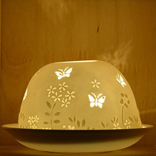 Nordic Light Nordic Lights-Paralume Forma, portacandele, Piatto, Idea Regalo in Pizzo, Accessori per Candele, Porcellana, Stencil Farfalla, 9x9x9cm