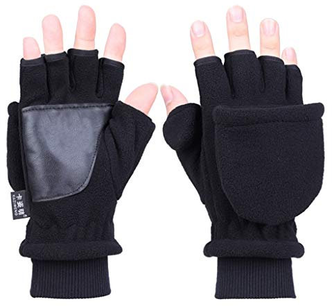 Nankod Winter Polar-Fleece-Halbfinger-Handschuhe, Damen und Herren, doppelschichtig, dicker Touchscreen, fingerlos, umwandelbare Fäustlinge mit Bezug a