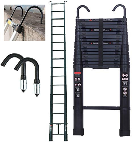 6.2M Telescopic Ladder Come wiht Roof Hook Kit Aluminium Black Portable Multi-Purpose Folding Extension Ladders EN 131 for Outdoor & Indoor Builder DIY Projector Easy Carry 150kg/330lbs Max. Load