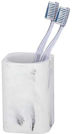 WENKO Zahnbürstenhalter Desio, Zahnputzbecher für Zahnbürste und Zahnpasta, Becher aus Kunststein in eleganter Marmor-Optik, Bad-Zubehör für stilvolle Badausstattung, Weiß/Grau, 7,7 x 11 x 7,6 cm