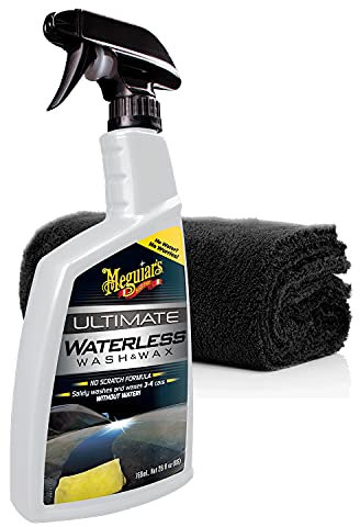 detailmate Meguiars, set di lavaggio e cura per auto, Meguiars Ultimate Waterless Wash & Wax, 768 ml, per una rapida lucentezza e pulizia con panno in microfibra Edgeless, 40 x 40 cm, 550 GSM
