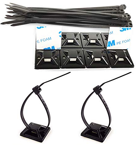 Strong Self Adhesive Wire Clips Cable Tie Mounts 25x25mm with 200mm Zip Ties Black UV Protection Outdoor 100 Pcs,Sticky Wire Fasteners Cable Guide Management Mounting Suqare Holder Anchor Base