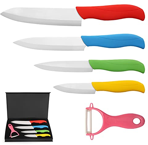 BelleStyle Keramikmesser Set, Professionelle Kochmesser Sets mit Mehrfarbig Ergonomischer Griff für Fleisch, Brot, Obst & Gemüse - 4 Teilig Keramik Messer und 1 Sparschäler