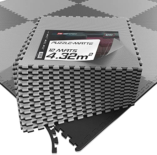 Hop-Sport Puzzlematte 4er, 8er, 12er Set zur Auswahl - Extra Dicke Unterlegmatte für Fitnessgeräte als Rutschfester Bodenschutz - Größe 60 x 60 x 2 cm (schwarz/grau 12 Stück)