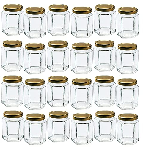 Glass Jars with Lids & Labels - 24 Hexagonal 9oz / 280ml Storage Jars of Quality Made | Ideal for Spice Jam Honey Yogurt Sweets or Candle Making | 24 Pack