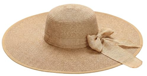 QUUPY Chapeau de paille kaki à large bord pour femme avec grand nœud papillon pliable enroulable chapeau de plage UPF 50+, kaki, moyen