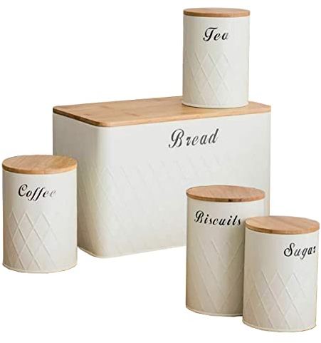 Bread bin set, Tea Coffee Sugar Bread bin sets, Biscuit Barrel Canister Round Jars bread bin tea canisters sets for the kitchen tea coffee and sugar canisters set kitchen Storage Airtight Bamboo Lids