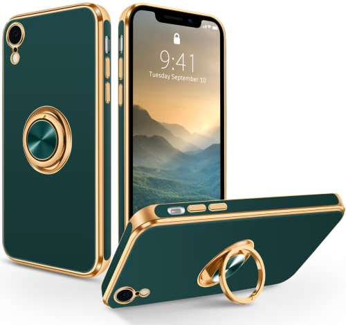 SouliGo iPhone XR Hülle, Slim Weiche TPU Handyhülle Mit 360 Grad Ring Halter Ständer - Stabil Kratzfest Case Cover Für iPhone 10 XR 6.1'' - Grün Gold